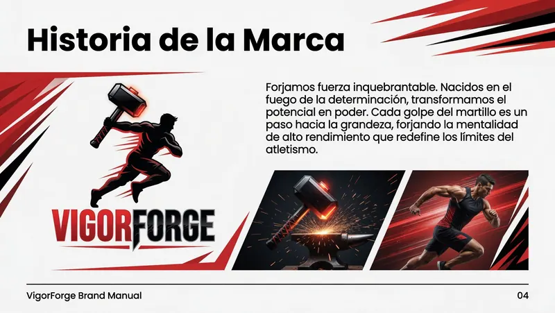 VigorForge Brand Manual. Un atleta corriendo con un martillo. Fondo rojo y negro. Texto sobre determinación y grandeza. Página 4.