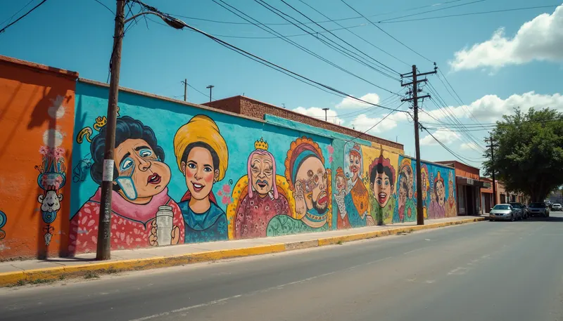 Vista a nivel de calle de un mural publicitario colorido en Chihuahua