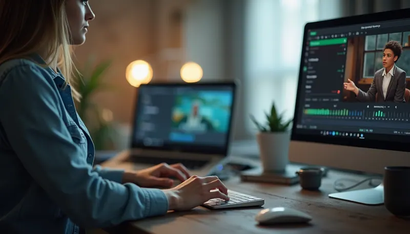 Vista lateral de una persona usando una computadora portátil para crear videos con IA
