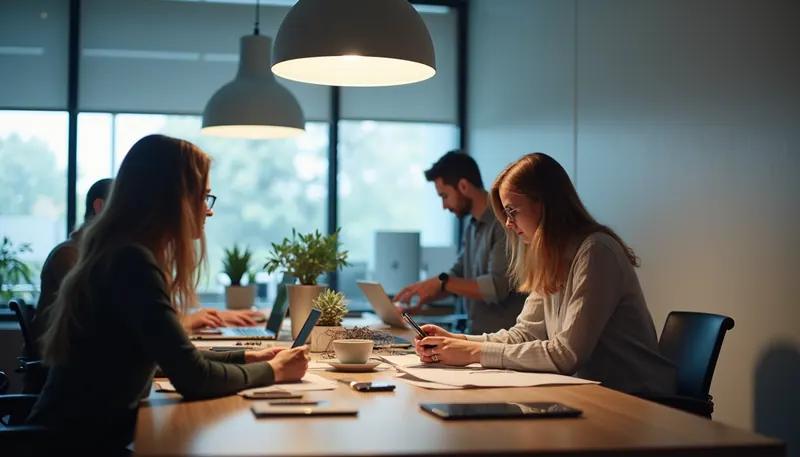 Vista panorámica de una agencia creativa en Chihuahua con equipo trabajando en campañas